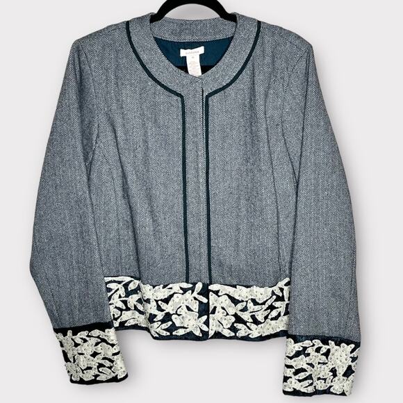 SUNDANCE Herringbone gray/dark teal blazer w/velour, appliqué & beading size 16 - Picture 2 of 6